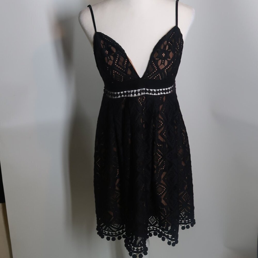 For Love and Lemons Women's Black Lace Style Dress with Nude Underlay Juniors